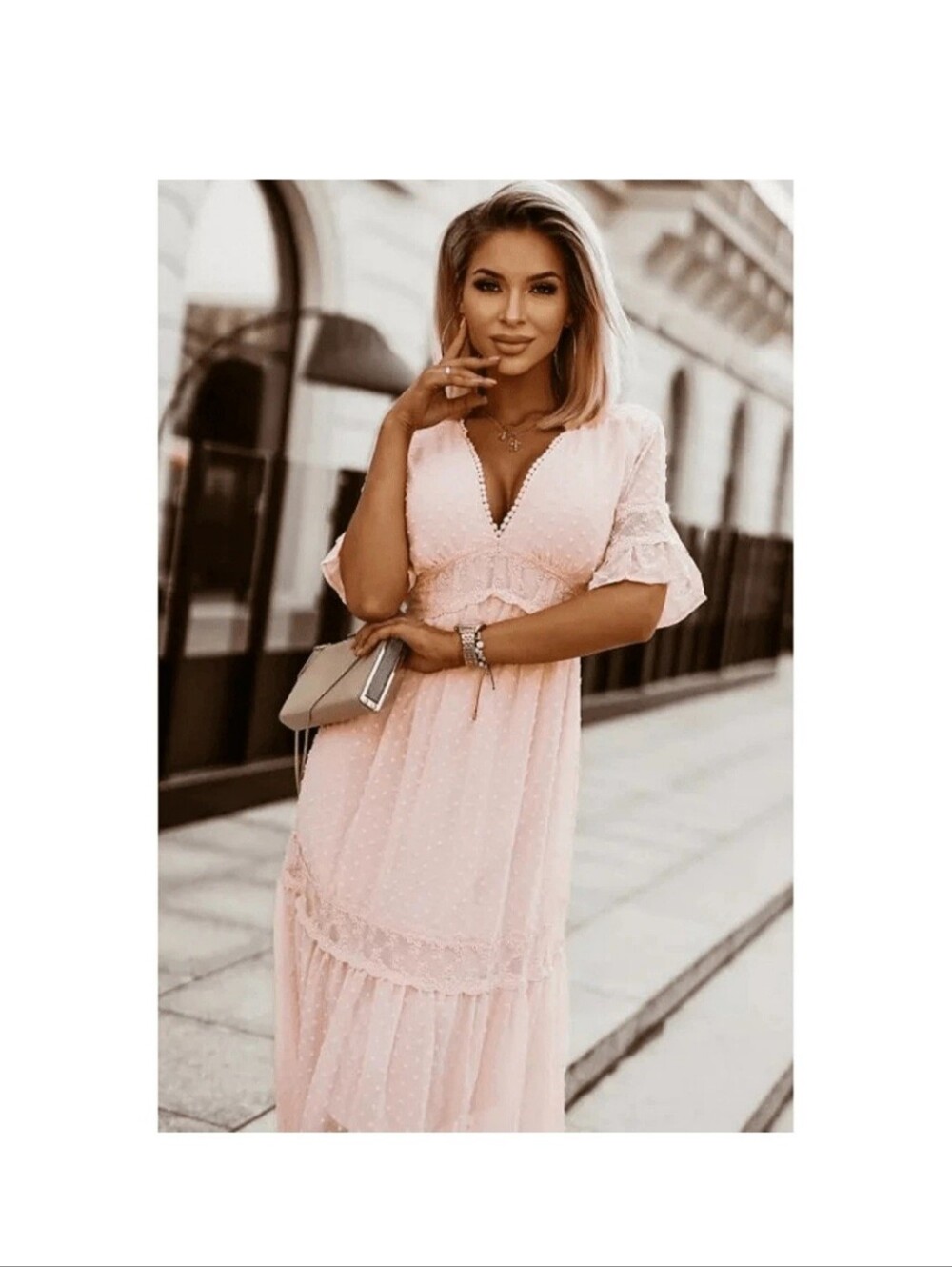Swiss Dot Lace Maxi Dress With V Neck And Ruffles - Picture 2 of 6